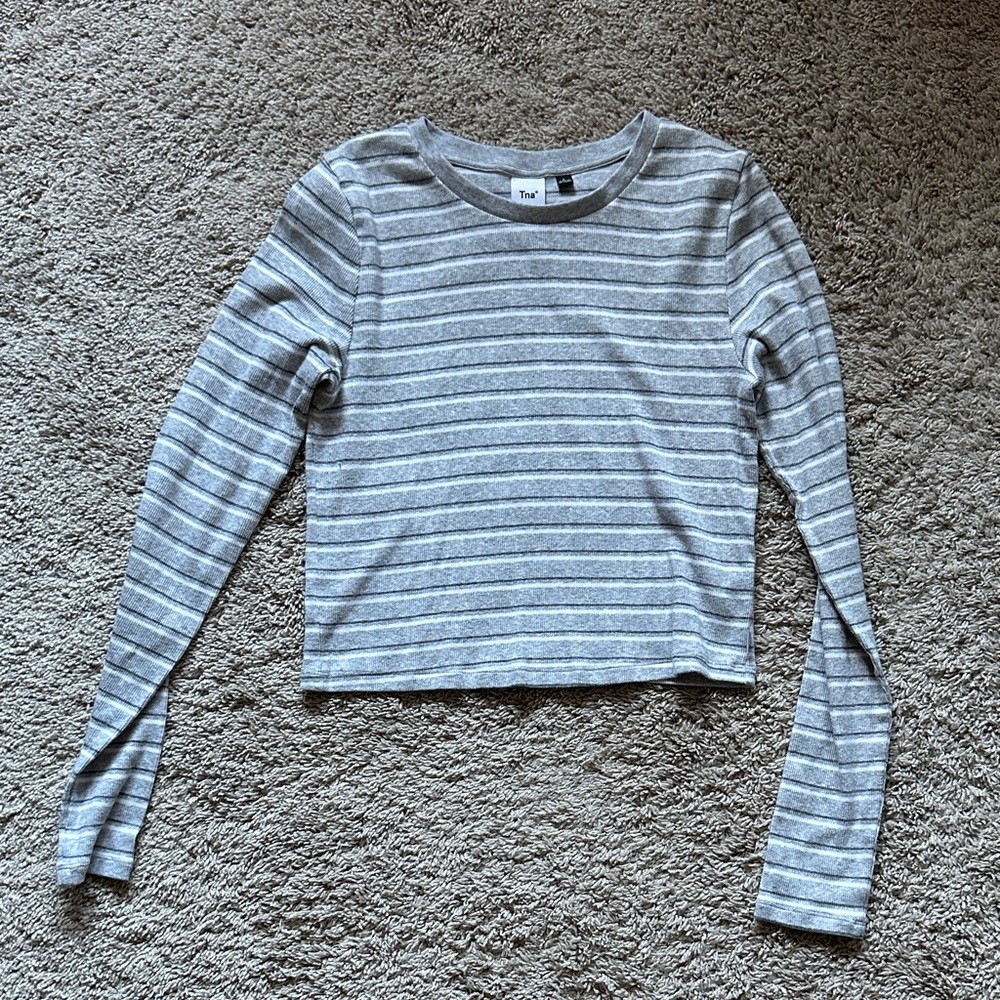 Aritzia TNA Gray Striped Long Sleeve Crop Top